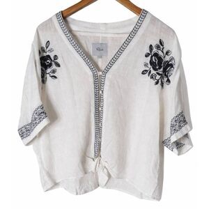 Rails womens large blouse thea white blue tie front linen embroidery boho shirt
